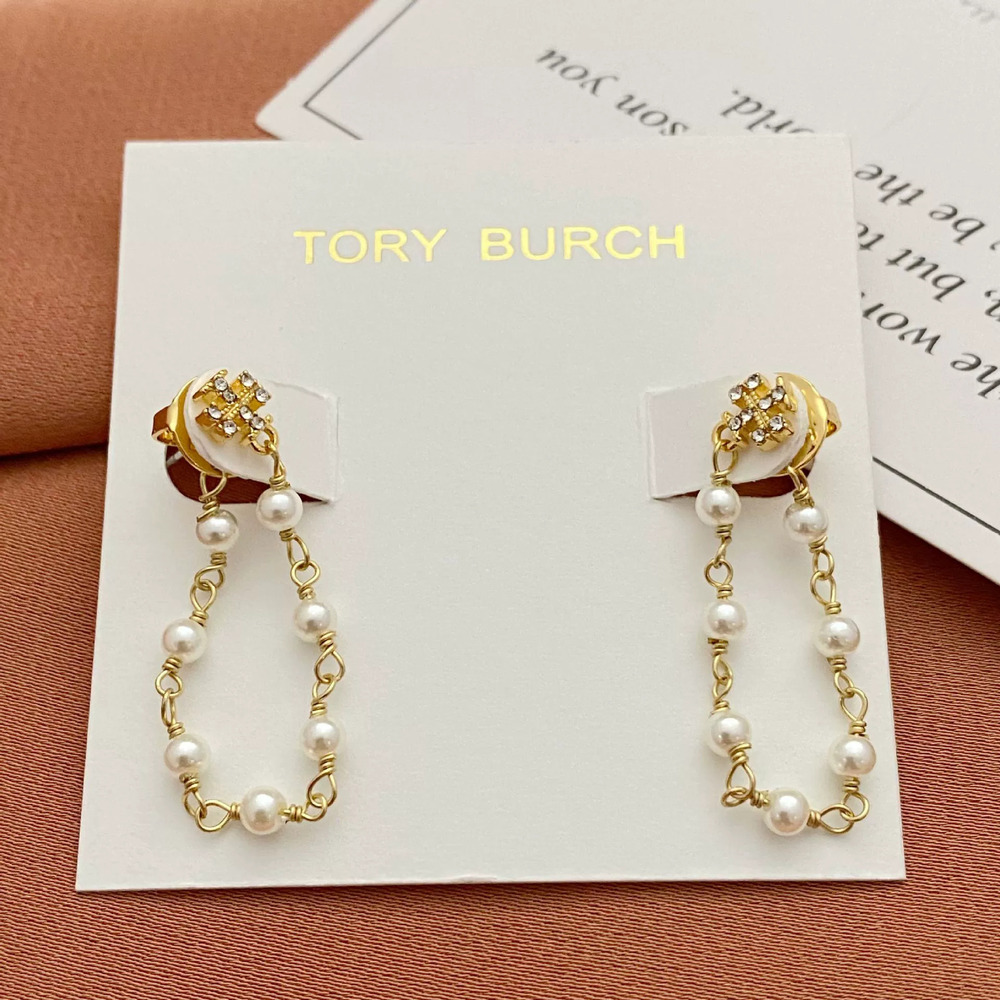 Tory Burch Rhinestone Letter Pearl Chain Metal Earrings